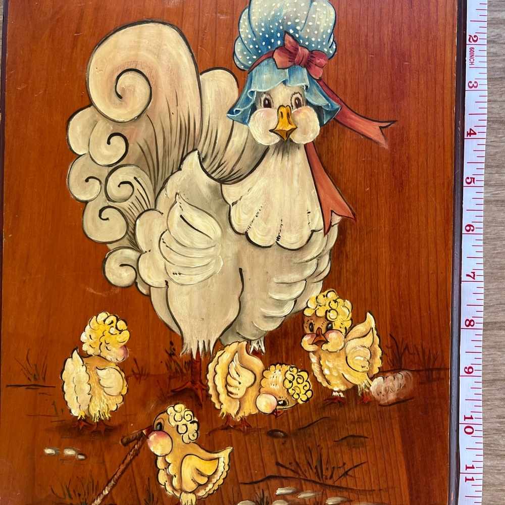 Vintage Wooden Board Painted Hen and Chicks Wall Art